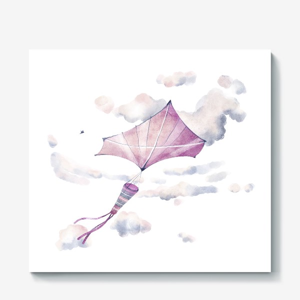 Холст «Акварельная яркая иллюстрация с розовым праздничным воздушным змеем в летнем вечернем небе с облаками и птицами»