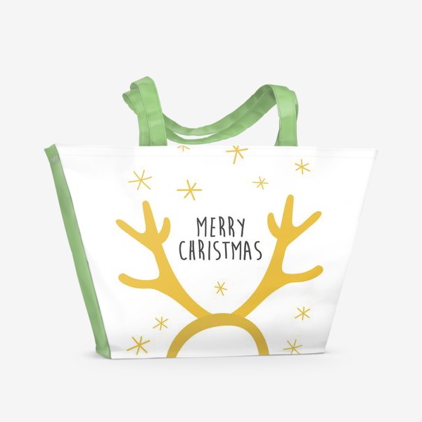 Пляжная сумка «Merry Christmas. Оленьи рога. Новогодний принт. Снежинки на белом фоне»