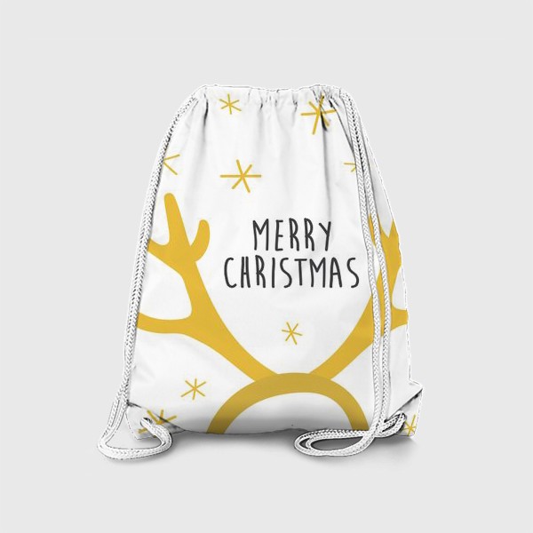 Рюкзак «Merry Christmas. Оленьи рога. Новогодний принт. Снежинки на белом фоне»