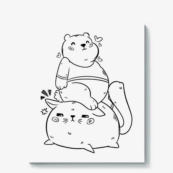 Холст «Медвежонок и толстый котик»