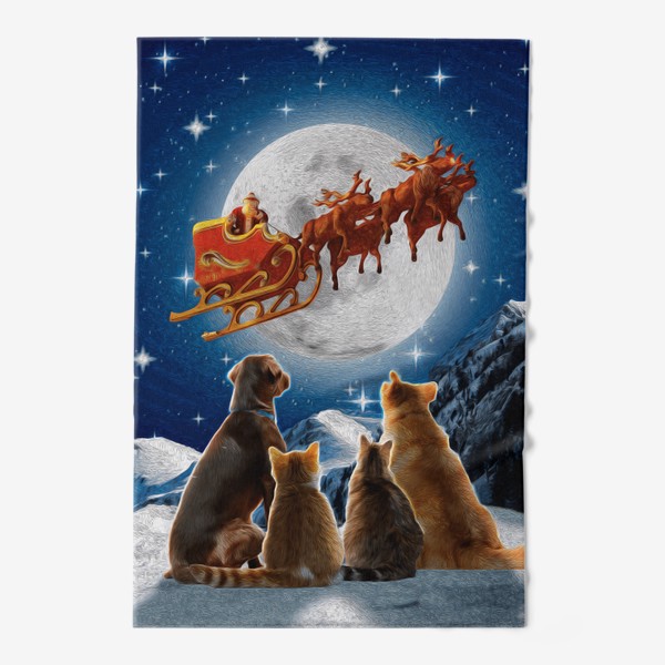 Полотенце «Новогодние звери - Коты и собаки смотрят на Санту»
