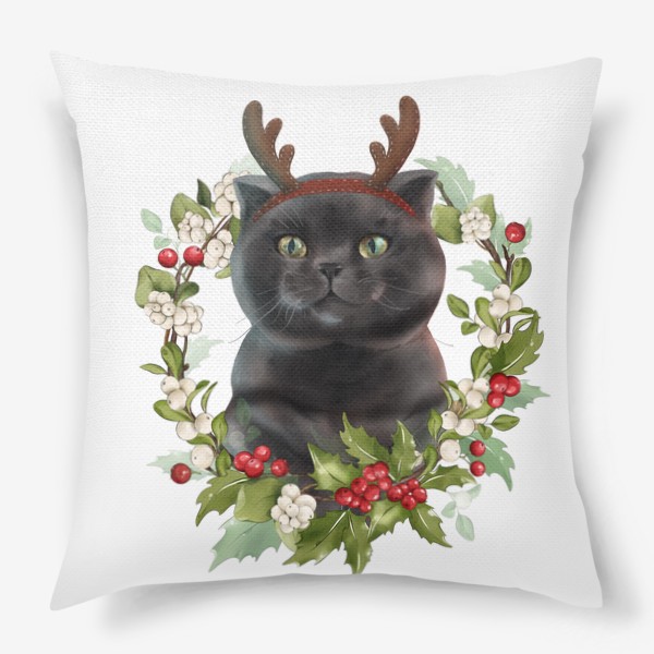 Подушка «Кот с рожками и Рождественским венком»