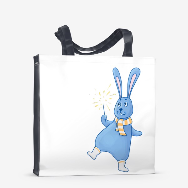 Сумка-шоппер «Голубой кролик в белых валенках и бело-оранжевом полосатом шарфе держит бенгальский огонь»