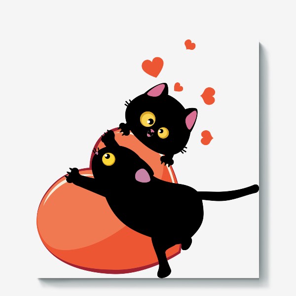 Холст «Пара черных кошек и красное сердце»