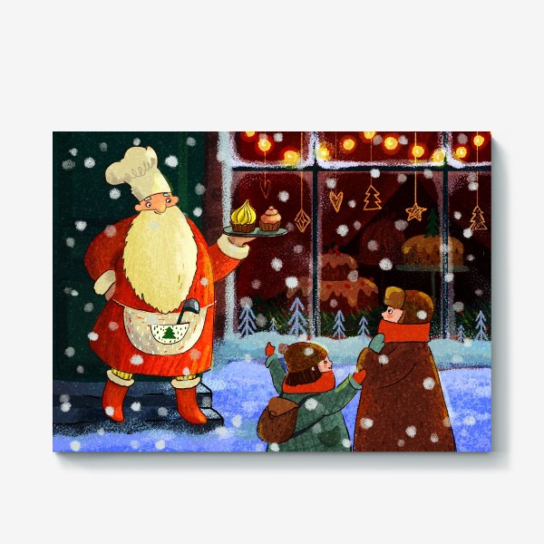 Холст «Дед Мороз, дети, пирожные»