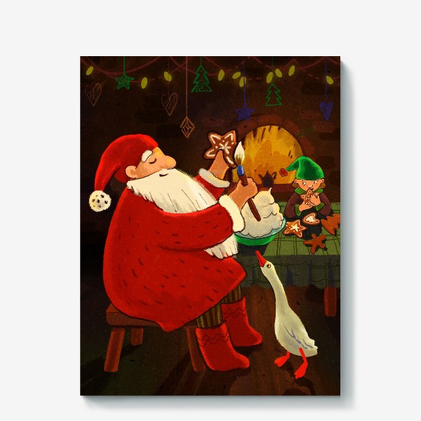 Холст «Дед Мороз раскрашивает пряники»