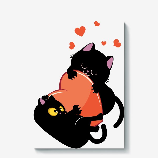 Холст « Пара черных кошек играет с сердцем»