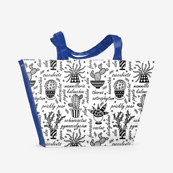 Пляжная сумка «Кактусы и суккуленты. Домашние комнатные растения в горшках. Эхинокактус, опунция, каланхоэ. Черно – белый паттерн»