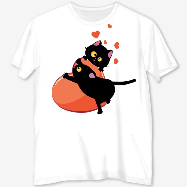 Футболка с полной запечаткой «Пара черных кошек и красное сердце»