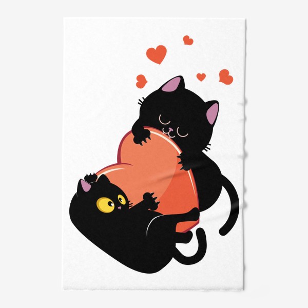 Полотенце « Пара черных кошек играет с сердцем»
