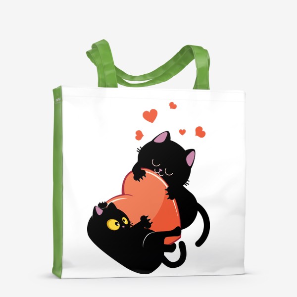 Сумка-шоппер « Пара черных кошек играет с сердцем»