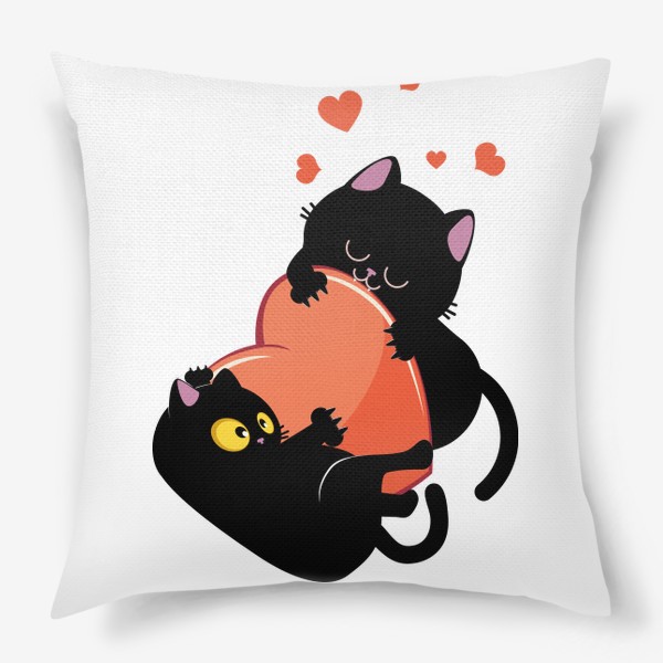 Подушка « Пара черных кошек играет с сердцем»