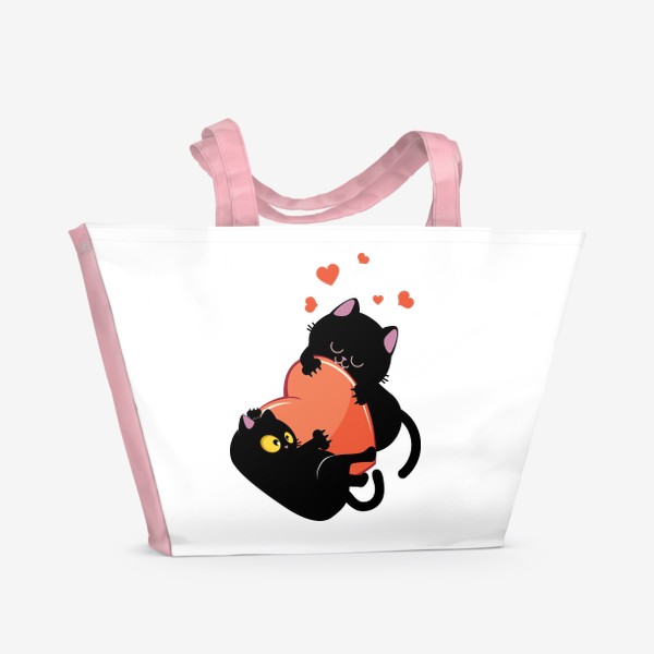 Пляжная сумка « Пара черных кошек играет с сердцем»