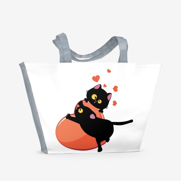 Пляжная сумка «Пара черных кошек и красное сердце»