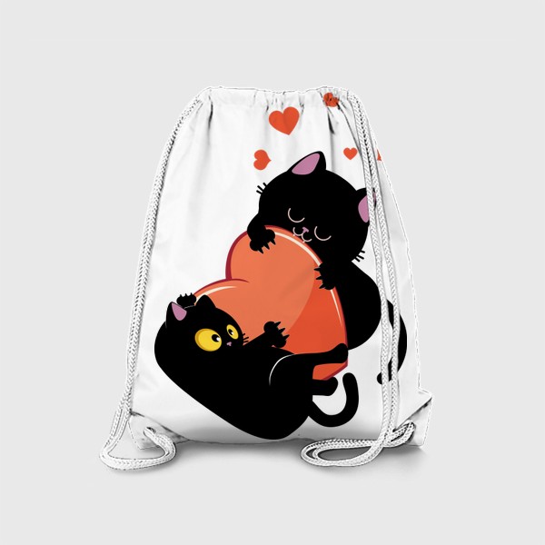 Рюкзак « Пара черных кошек играет с сердцем»