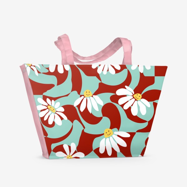 Пляжная сумка «Ромашки улыбаются на фоне закрученных квадратов. Ретро-паттерн, мода 1970х»