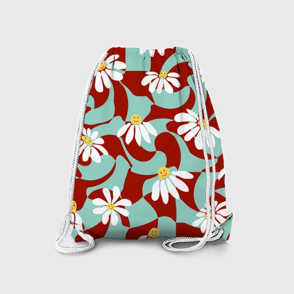 Рюкзак «Ромашки улыбаются на фоне закрученных квадратов. Ретро-паттерн, мода 1970х»