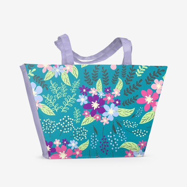Пляжная сумка «Цветочные букеты паттерн. Весна, лето, лазурный, розовый и фиолетовый»
