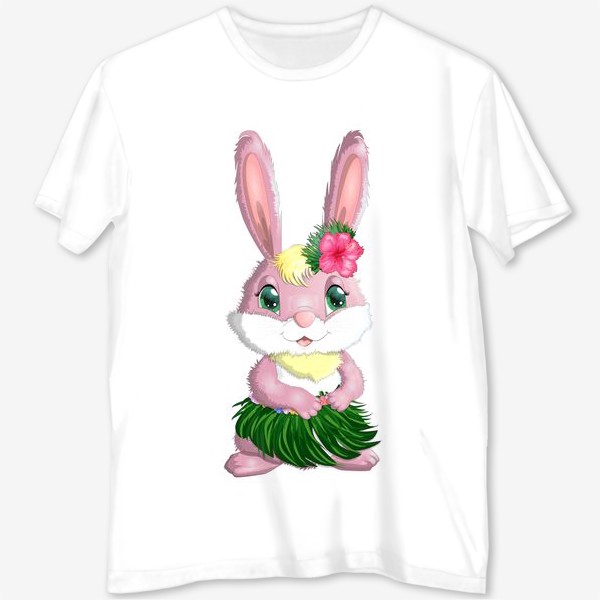 Футболка с полной запечаткой «Символ 2023 Нового года, девочка кролик в наряде танцовщицы Хула. Гавайи, тропический новый год»