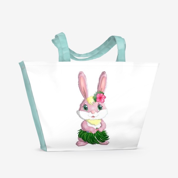 Пляжная сумка «Символ 2023 Нового года, девочка кролик в наряде танцовщицы Хула. Гавайи, тропический новый год»