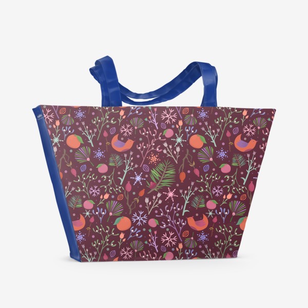 Пляжная сумка «Новый год. Паттерн с растениями, мандаринами и птичками. Темно -бордовый.»