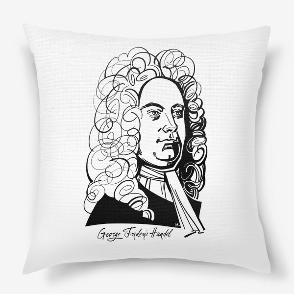Подушка &laquo;Георг Фридрих Гендель, графический портрет композитора, черно-белый&raquo;