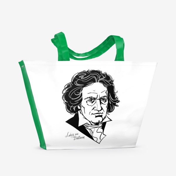 Пляжная сумка «Людвиг ван Бетховен, графический портрет композитора, черно-белый»