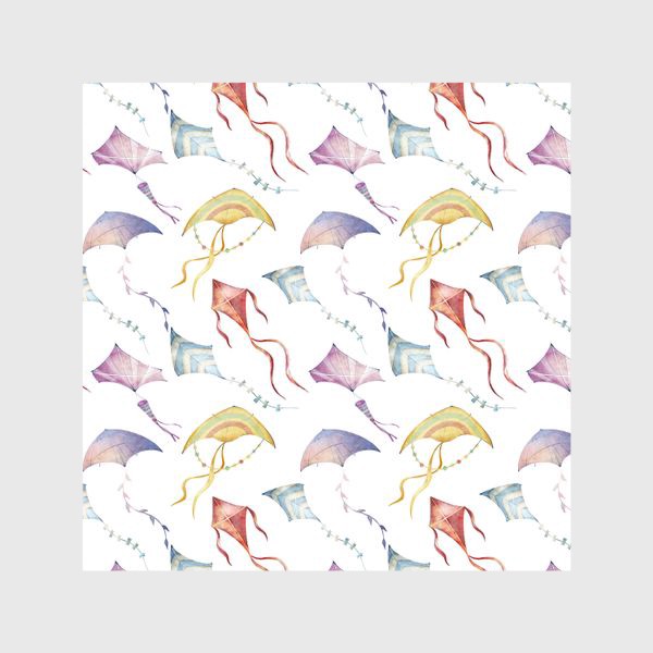 Шторы «Акварельный бесшовный фон с яркими иллюстрациями разноцветных воздушных змеев. Летний паттерн»