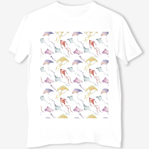 Футболка «Акварельный бесшовный фон с яркими иллюстрациями разноцветных воздушных змеев. Летний паттерн»