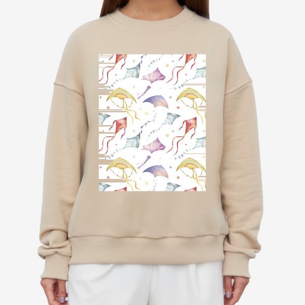 Свитшот «Акварельный бесшовный фон с яркими иллюстрациями разноцветных воздушных змеев. Летний паттерн»