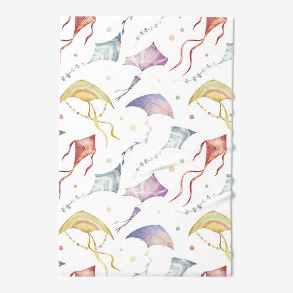 Полотенце «Акварельный бесшовный фон с яркими иллюстрациями разноцветных воздушных змеев. Летний паттерн»