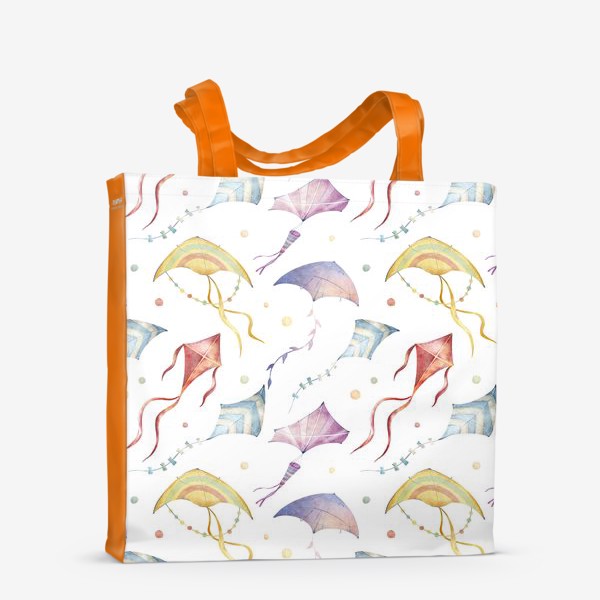 Сумка-шоппер «Акварельный бесшовный фон с яркими иллюстрациями разноцветных воздушных змеев. Летний паттерн»