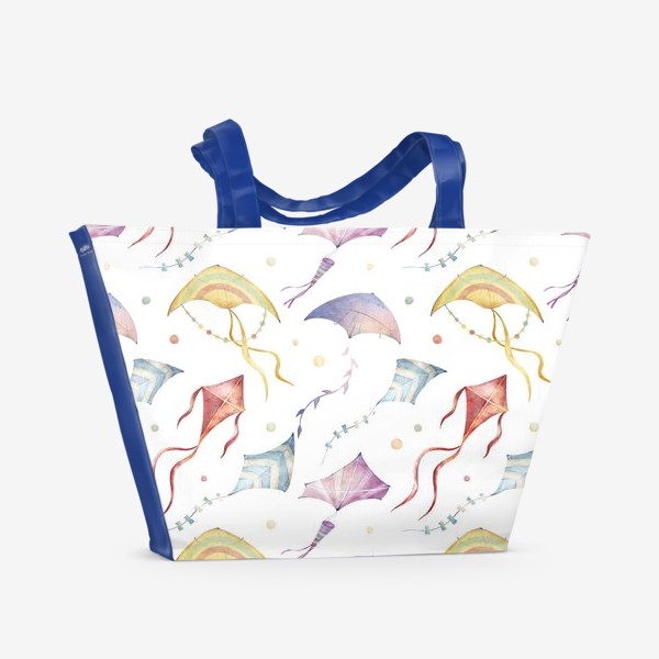 Пляжная сумка «Акварельный бесшовный фон с яркими иллюстрациями разноцветных воздушных змеев. Летний паттерн»