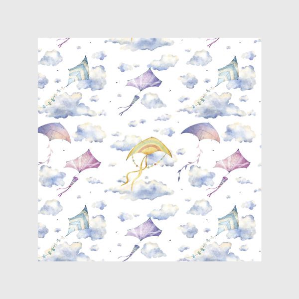 Шторы &laquo;Акварельный бесшовный фон с яркими иллюстрациями разноцветных воздушных змеев в голубых облаках. Летний паттерн. Небо&raquo;
