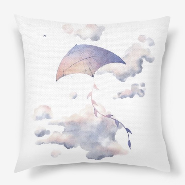 Подушка «Акварельная ярка иллюстрация с воздушным змеем в летнем вечернем небе с облакам»