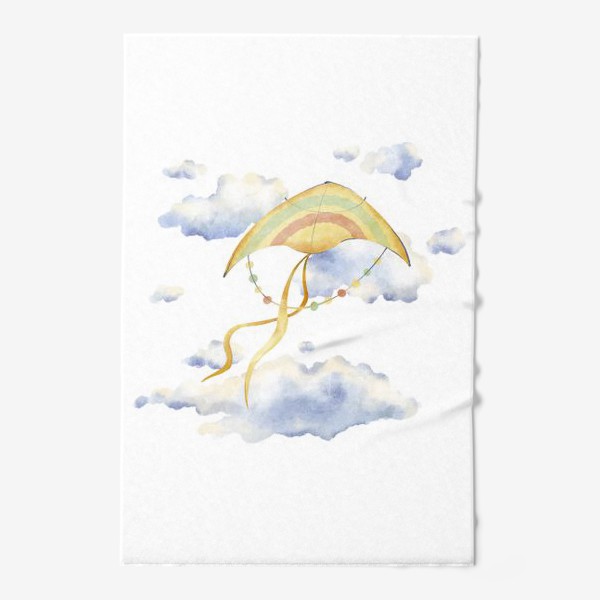 Полотенце «Акварельная ярка иллюстрация с желтым праздничным воздушным змеем в летнем небе с голубыми облаками»