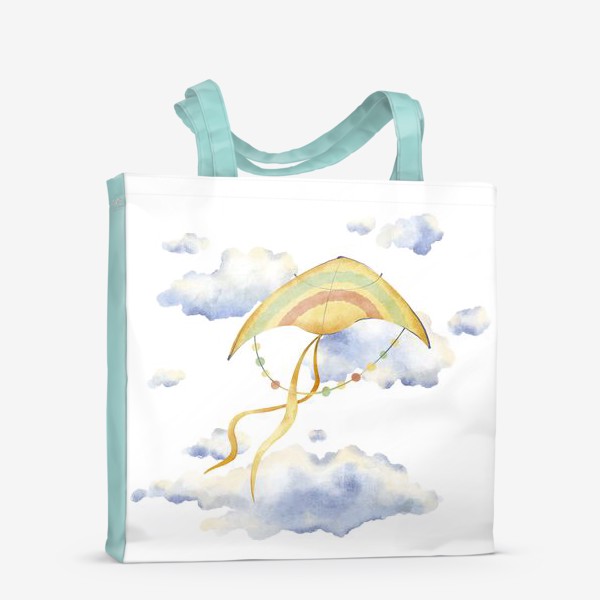 Сумка-шоппер «Акварельная ярка иллюстрация с желтым праздничным воздушным змеем в летнем небе с голубыми облаками»