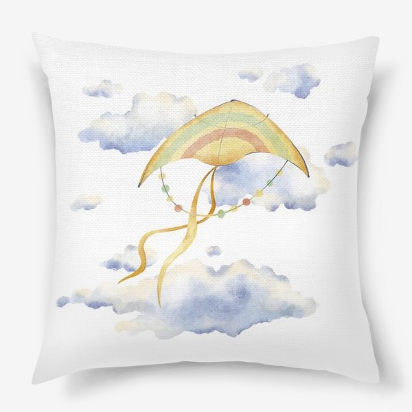 Подушка «Акварельная ярка иллюстрация с желтым праздничным воздушным змеем в летнем небе с голубыми облаками»
