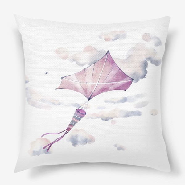 Подушка «Акварельная яркая иллюстрация с розовым праздничным воздушным змеем в летнем вечернем небе с облаками и птицами»