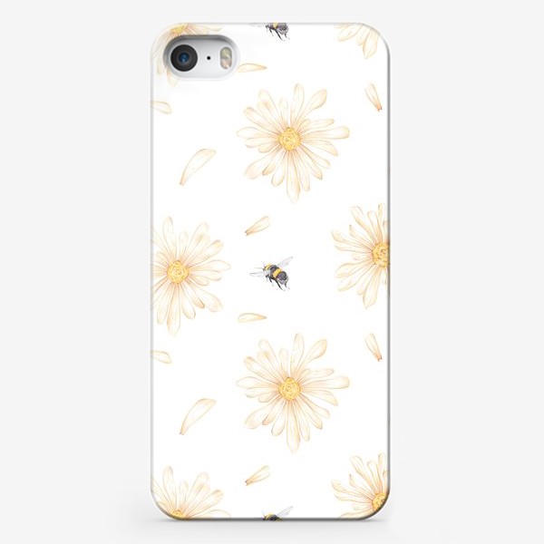 Чехол iPhone «Акварельный бесшовный нарисованный вручную фон с иллюстрациями нежных ромашек и летающих шмелей. Лето, весна»