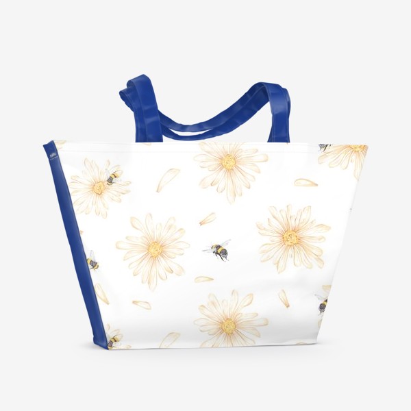 Пляжная сумка «Акварельный бесшовный нарисованный вручную фон с иллюстрациями нежных ромашек и летающих шмелей. Лето, весна»