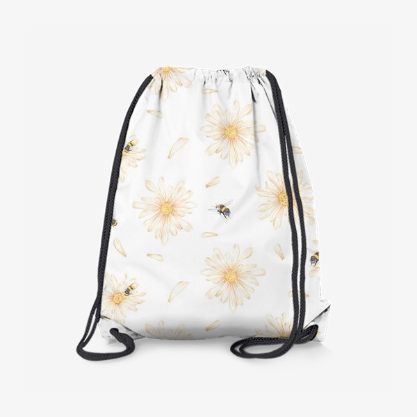 Рюкзак «Акварельный бесшовный нарисованный вручную фон с иллюстрациями нежных ромашек и летающих шмелей. Лето, весна»