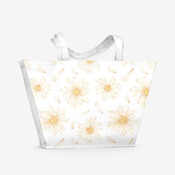 Пляжная сумка &laquo;Акварельный бесшовный нарисованный вручную фон с иллюстрациями нежных ромашек и лепестков. Лето, весна, цветы&raquo;