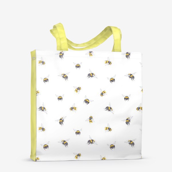Сумка-шоппер «Акварельный бесшовный нарисованный вручную фон с иллюстрациями милых летающих шмелей. Лето, реалистичные насекомые»