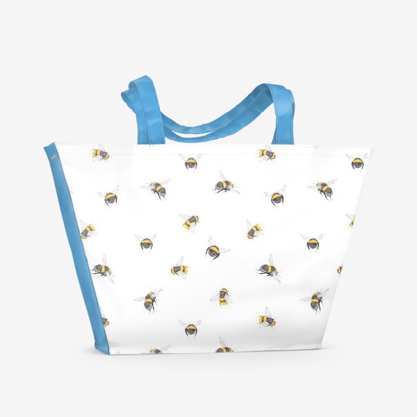 Пляжная сумка «Акварельный бесшовный нарисованный вручную фон с иллюстрациями милых летающих шмелей. Лето, реалистичные насекомые»