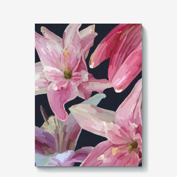 Холст «Розовые лилии на темном фоне / Pink lilies on dark background»