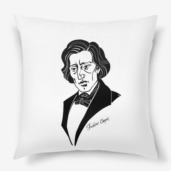 Подушка «Фридерик Шопен, графический портрет композитора, черно-белый»