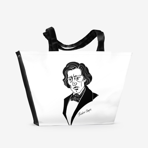 Пляжная сумка «Фридерик Шопен, графический портрет композитора, черно-белый»