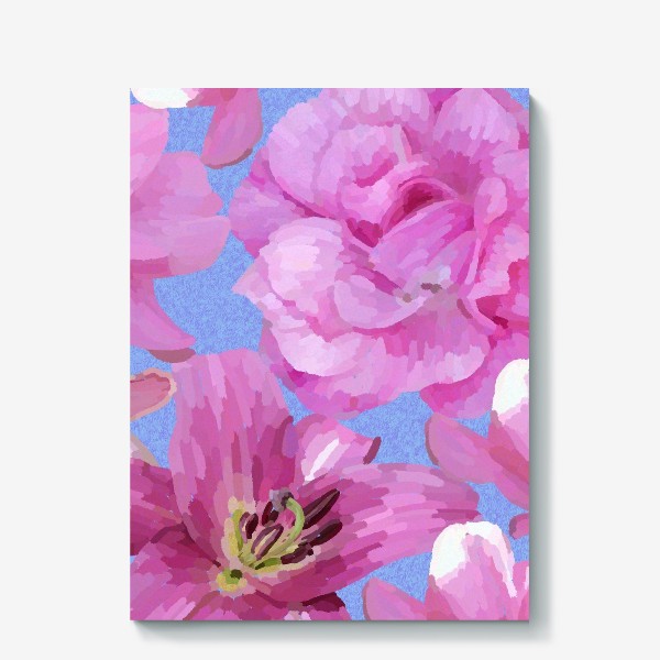 Холст «Розовые розы на голубом фоне / Pink roses on blue background »