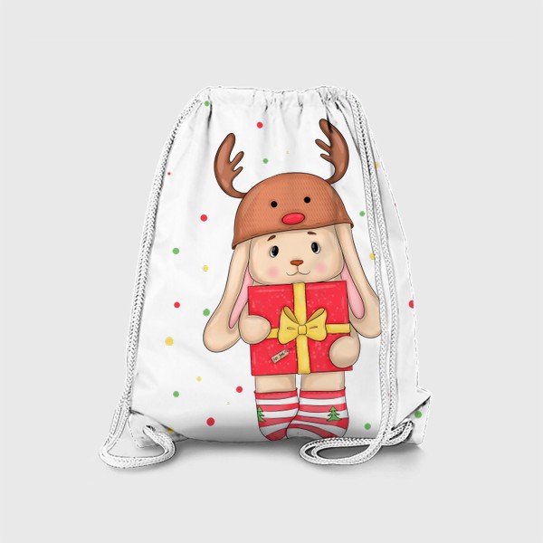 Рюкзак «Зайчик в новогодней шапке оленя с красным подарком. Новый 2023 год!»